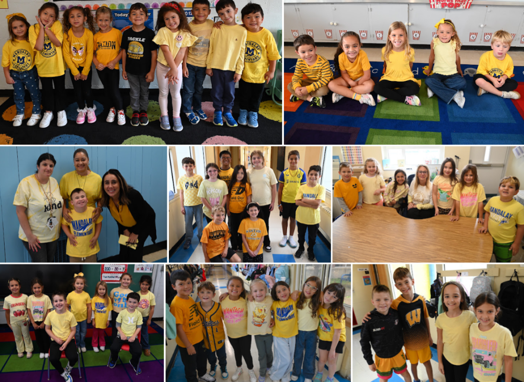 A collage of nine photos showing children and teachers wearing yellow shirts in various school settings.